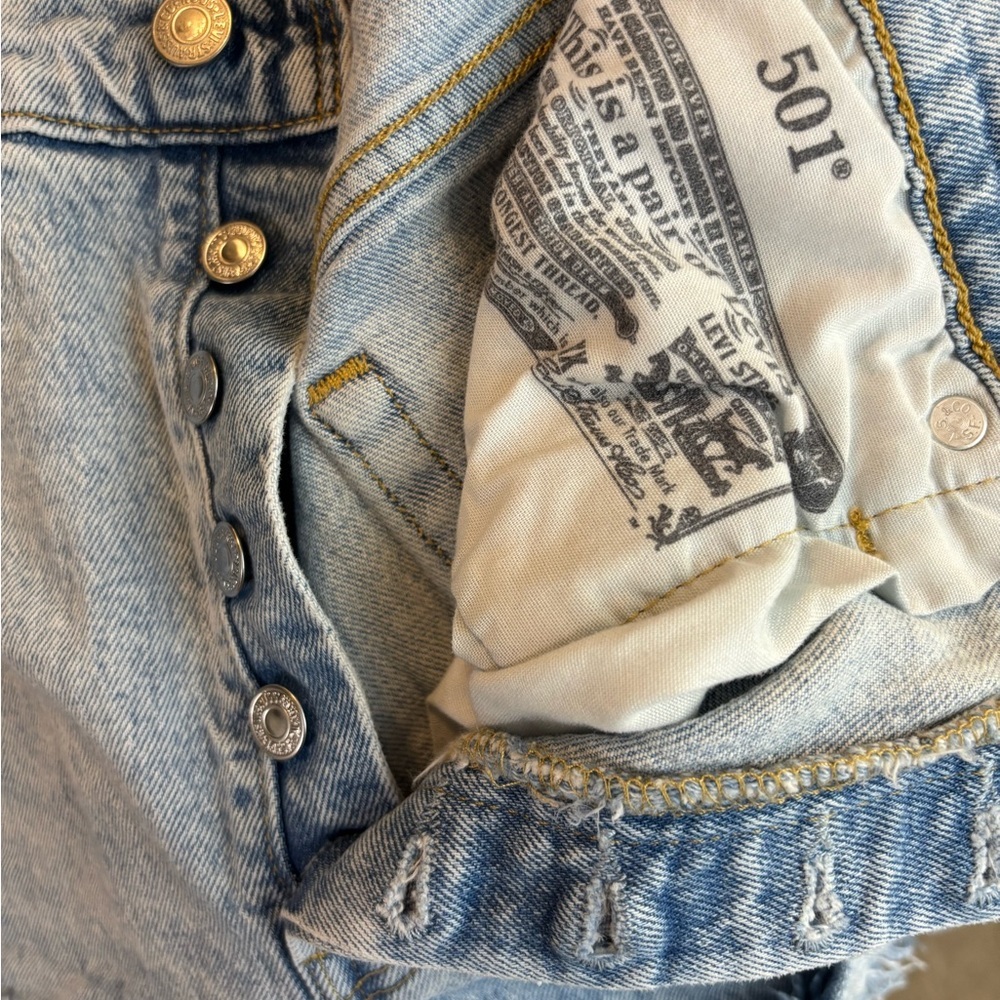 Levi's Premium 501 Light Blue Distressed Denim Shorts - Picture 3 of 9